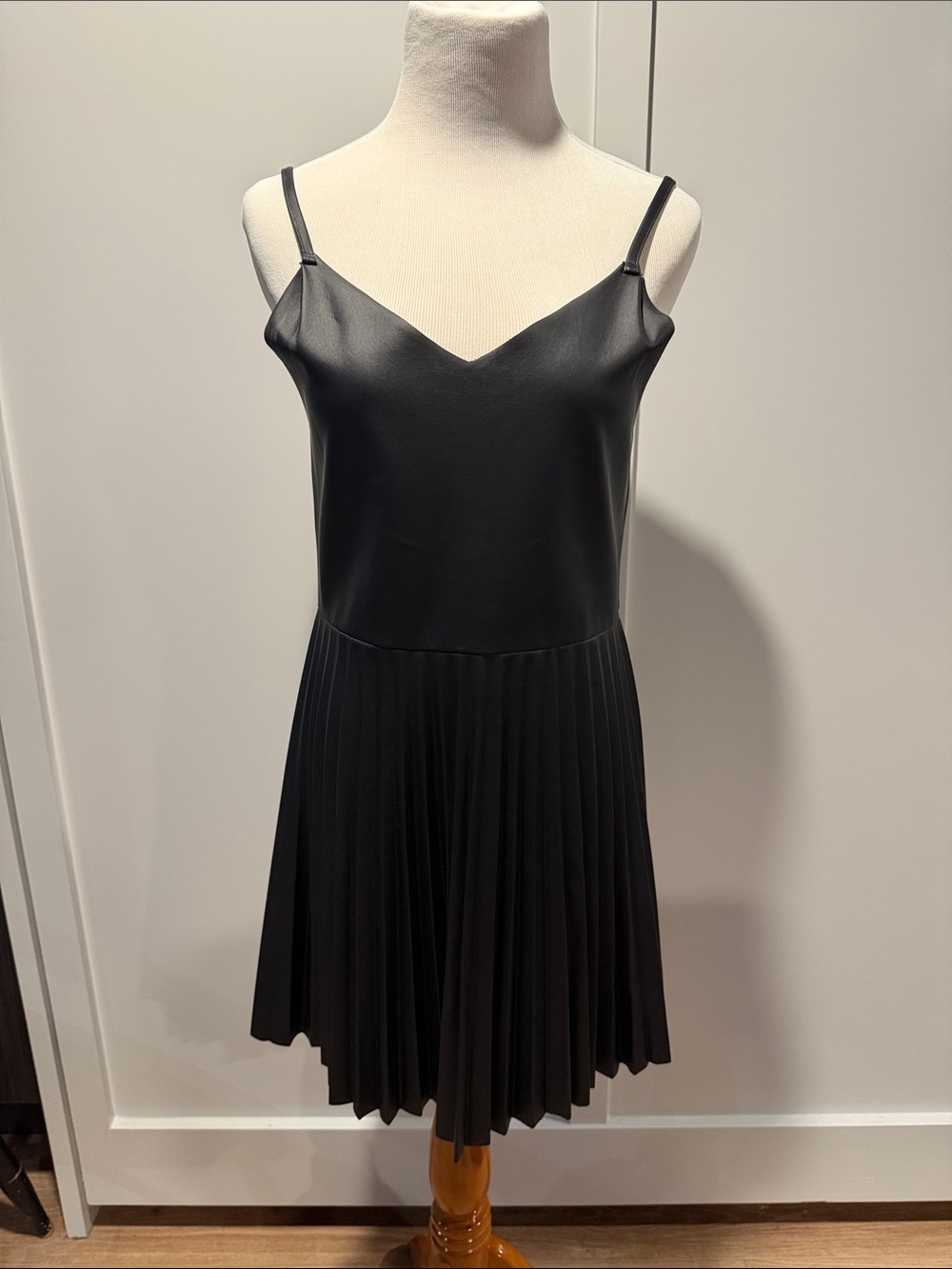 Black Pleated pleather Slip Dress with Spaghetti Straps